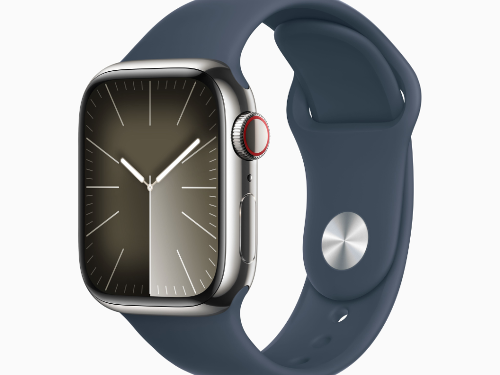 Apple Watch Series 9 GPS + Cellular • Caixa prateada de aço inoxidável – 45 mm • Pulseira esportiva azul – M/G