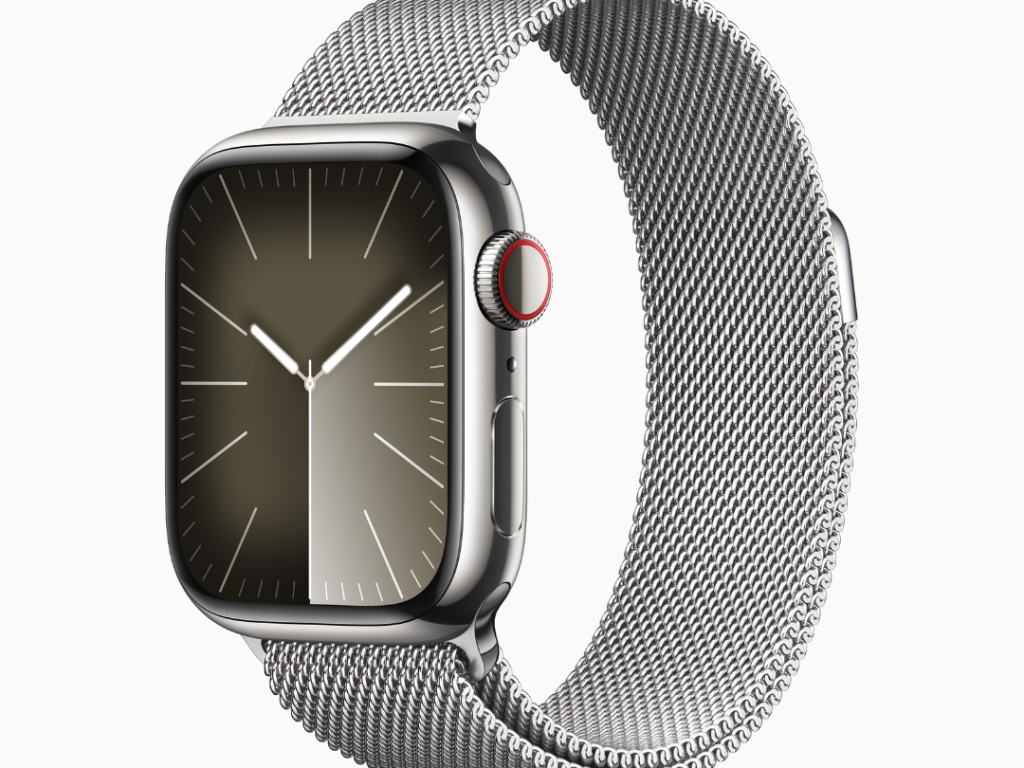 Apple Watch Series 9 GPS + Cellular • Caixa prateada de aço inoxidável – 41 mm • Pulseira prateada estilo milanês
