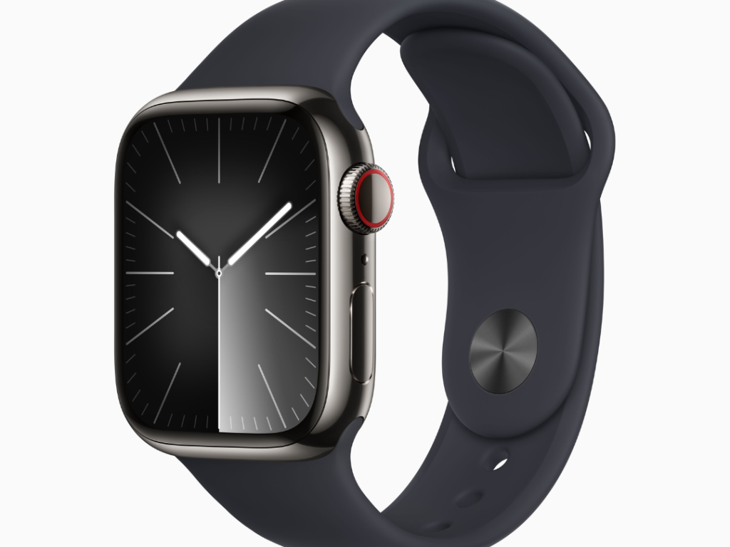 Apple Watch Series 9 GPS + Cellular • Caixa Grafite de aço inoxidável – 41 mm • Pulseira esportiva meia-noite – M/G