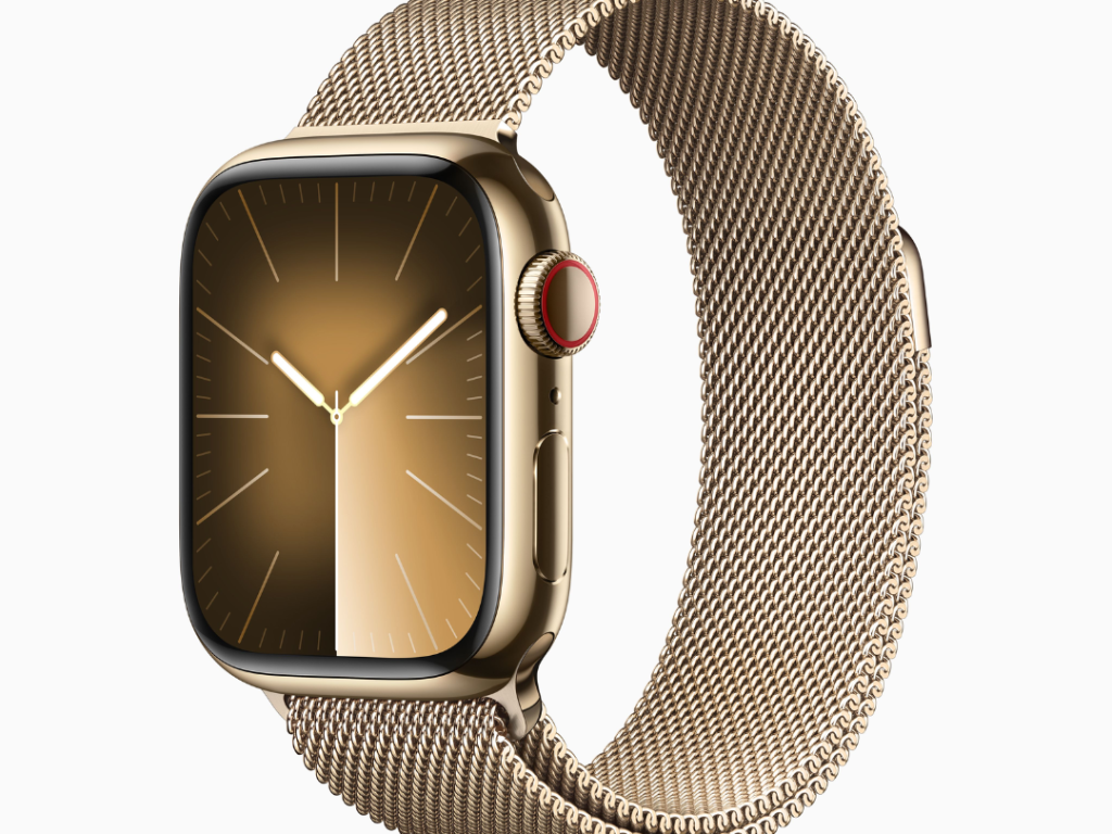 Apple Watch Series 9 GPS + Cellular • Caixa dourada de aço inoxidável – 41 mm • Pulseira Milanês Dourada