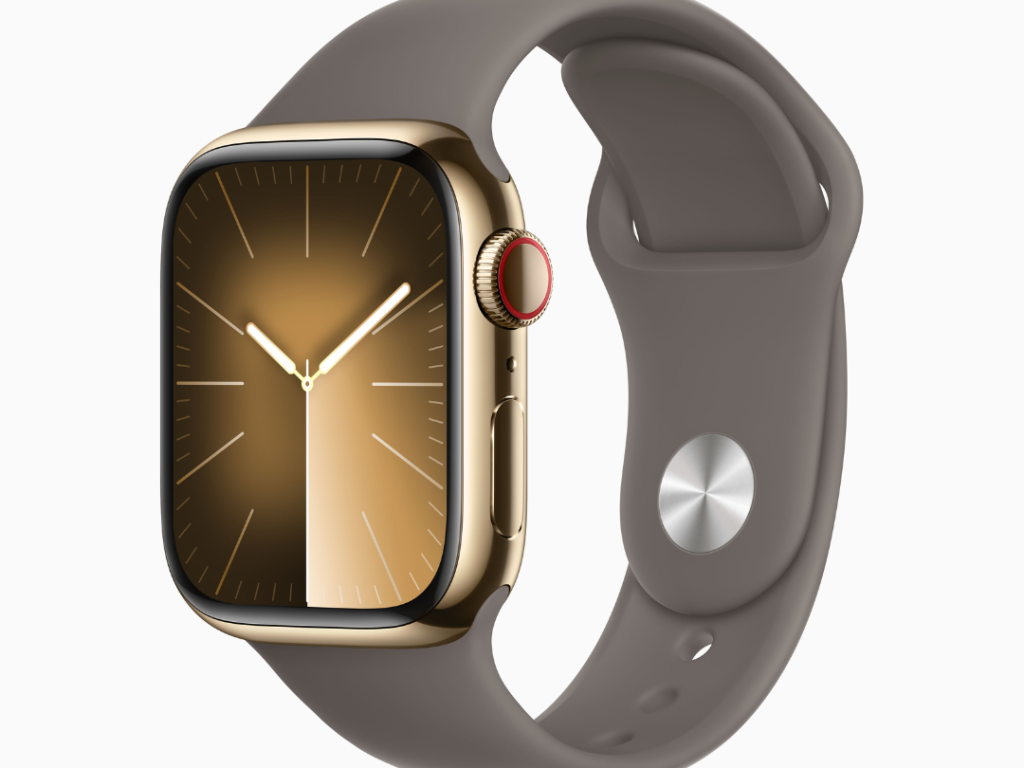 Apple Watch Series 9 GPS + Cellular • Caixa dourada de aço inoxidável – 41 mm • Pulseira esportiva argila – M/G