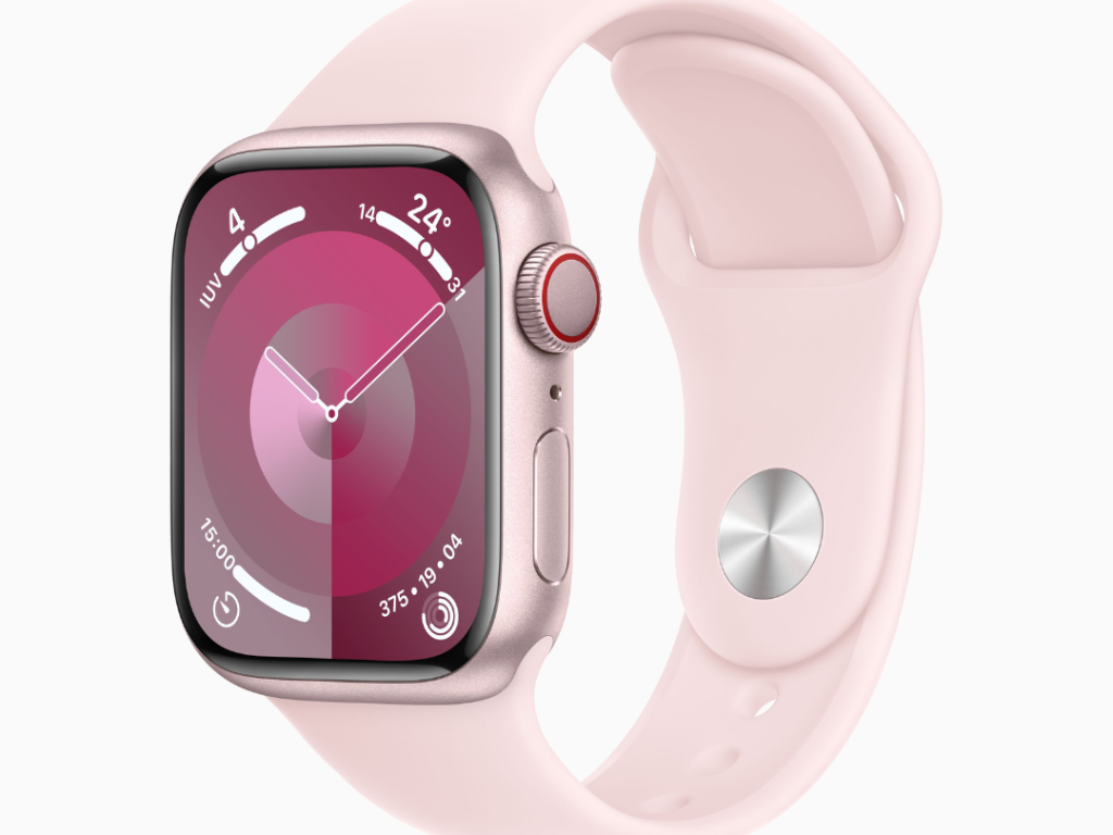 Apple Watch Series 9 GPS + Cellular • Caixa rosa de alumínio – 41 mm • Pulseira esportiva rosa – M/G