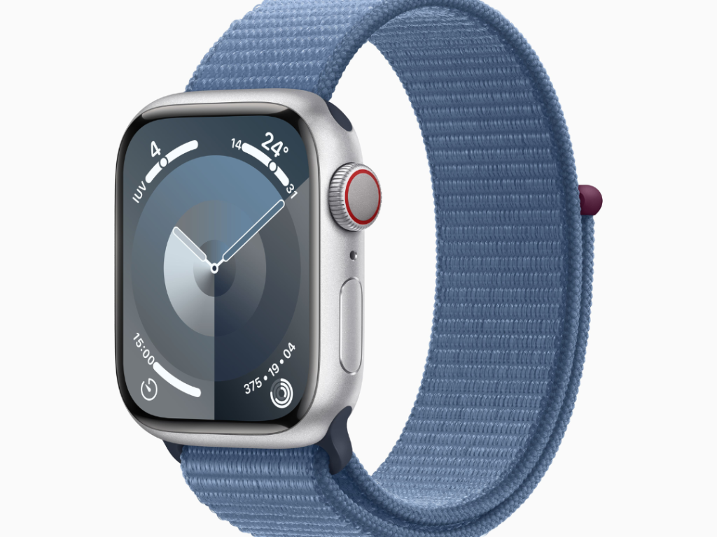 Apple Watch Series 9 GPS + Cellular • Caixa prateada de alumínio – 41 mm • Pulseira loop esportiva azul-inverno