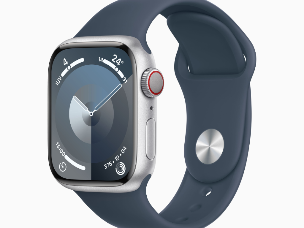 Apple Watch Series 9 GPS + Cellular • Caixa prateada de alumínio – 41 mm • Pulseira esportiva azul-tempestade – M/G