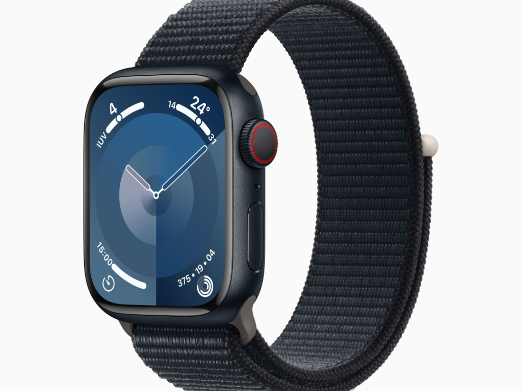 Apple Watch Series 9 GPS + Cellular • Caixa estelar de alumínio – 45 mm • Pulseira loop esportiva meia-noite