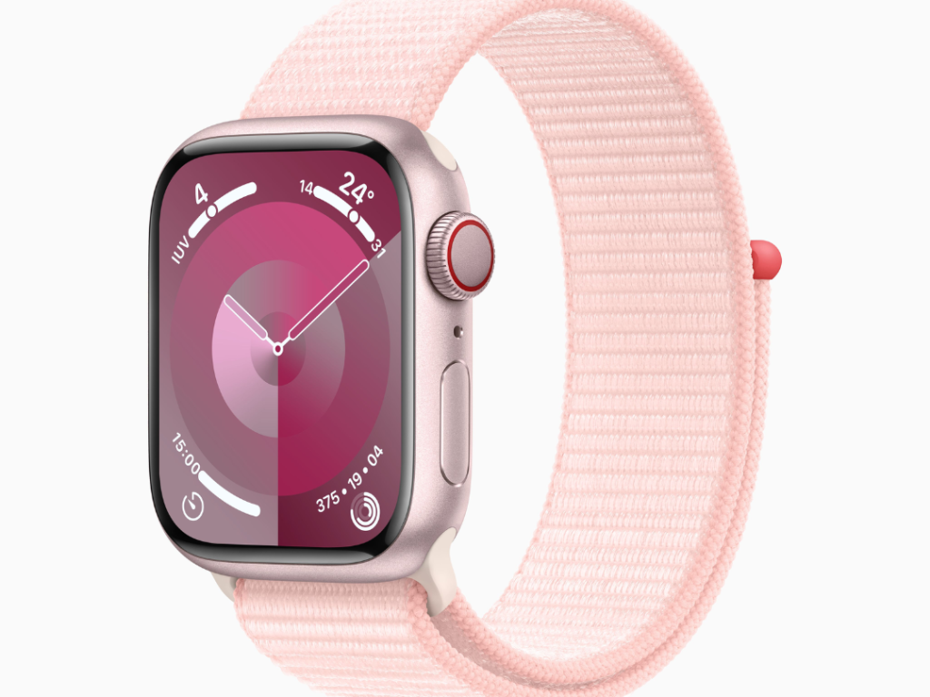 Apple Watch Series 9 GPS + Cellular • Caixa rosa de alumínio – 41 mm • Pulseira loop esportiva rosa