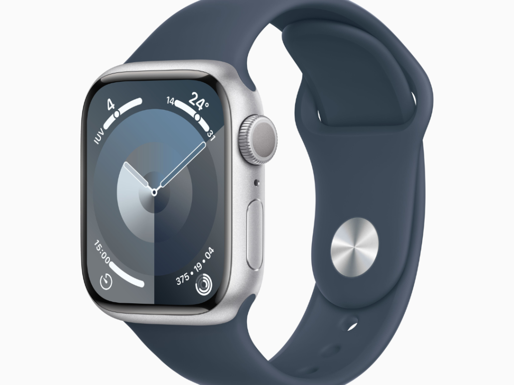 Apple Watch Series 9 GPS • Caixa prateada de alumínio – 41 mm • Pulseira esportiva azul-tempestade – M/G