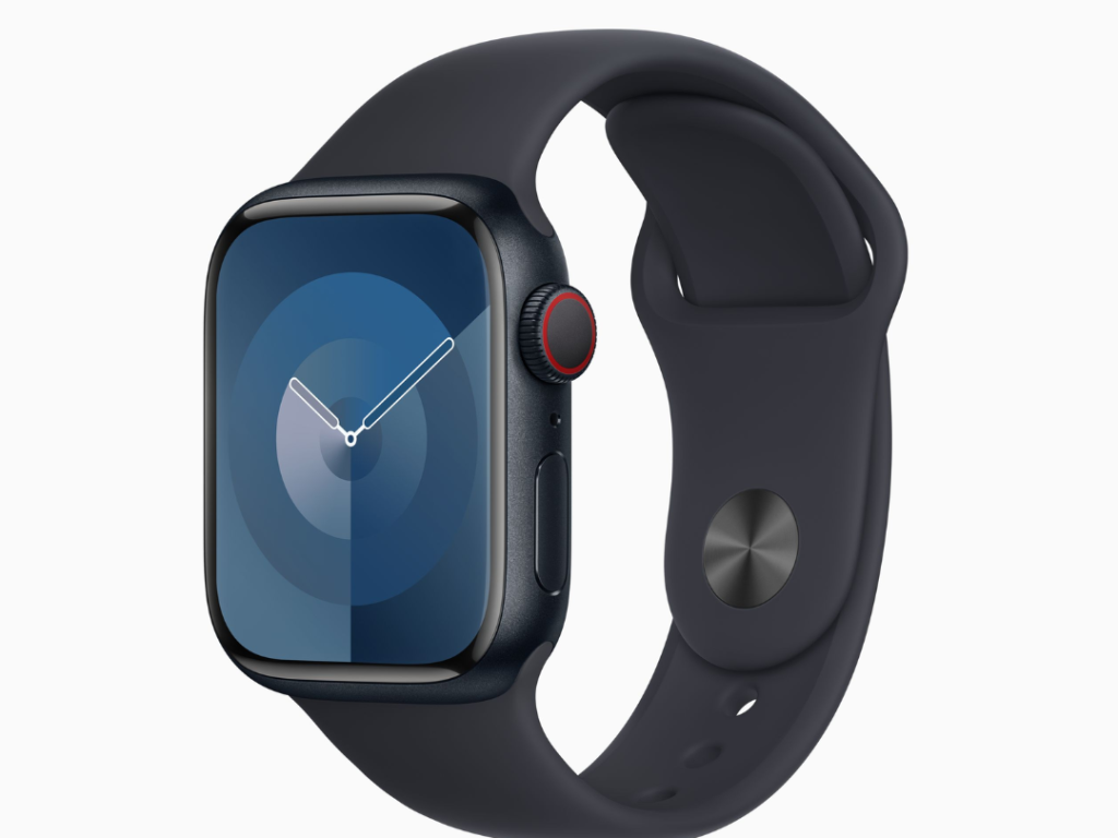Apple Watch Series 9 GPS + Cellular • Caixa estelar de alumínio – 41 mm • Pulseira esportiva meia-noite – M/G