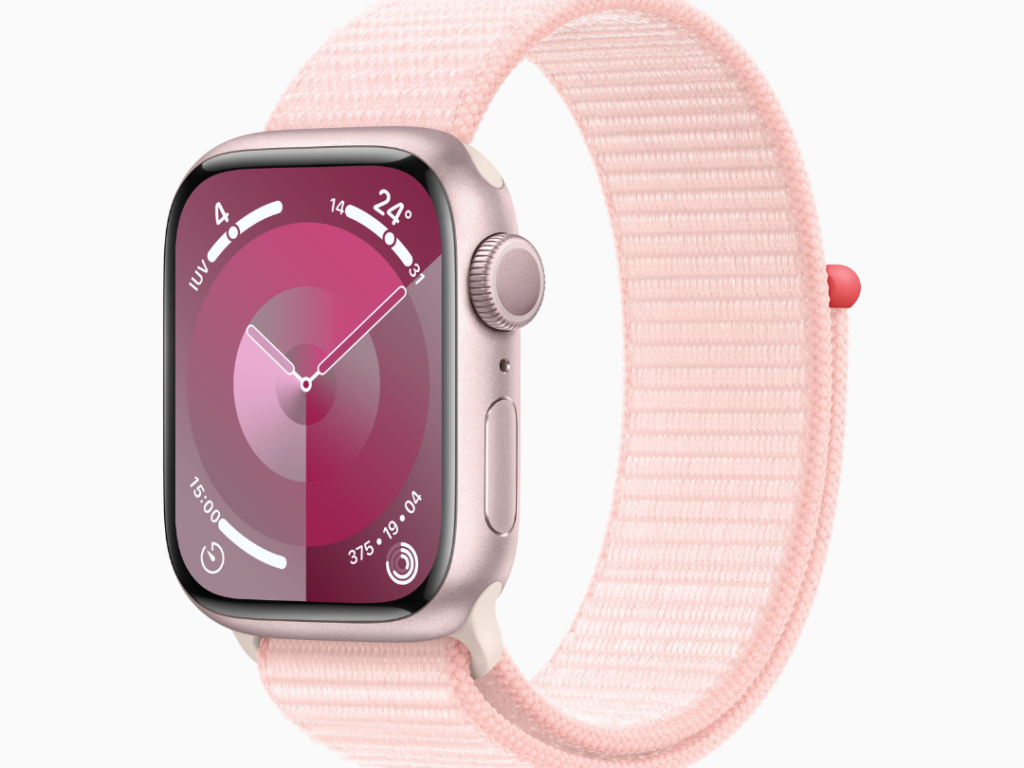 Apple Watch Series 9 GPS • Caixa rosa de alumínio – 41 mm • Pulseira loop esportiva rosa-clara