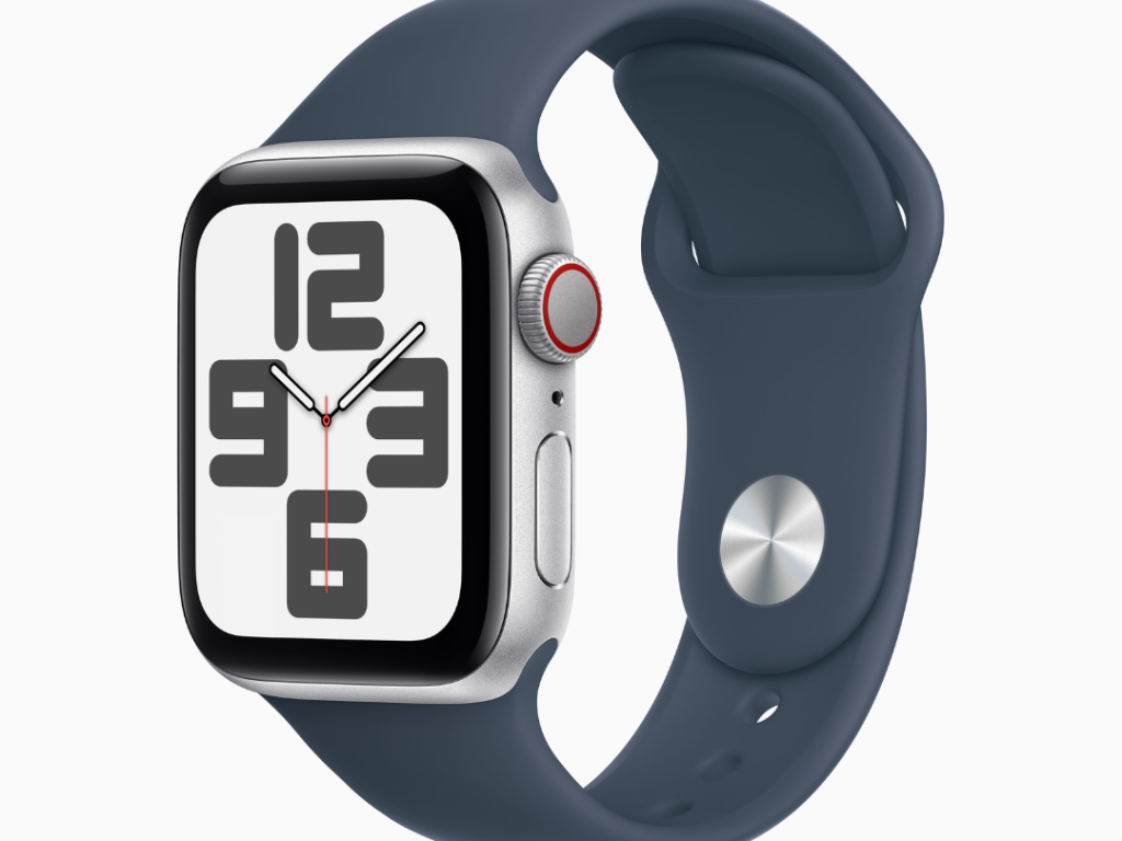 Apple Watch SE GPS + Cellular • Caixa meia-noite de alumínio – 40 mm • Pulseira esportiva azul-tempestade – M/G