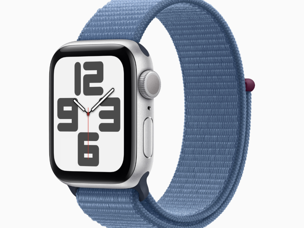 Apple Watch SE GPS • Caixa prateada de alumínio – 44 mm • Pulseira loop esportiva azul-inverno