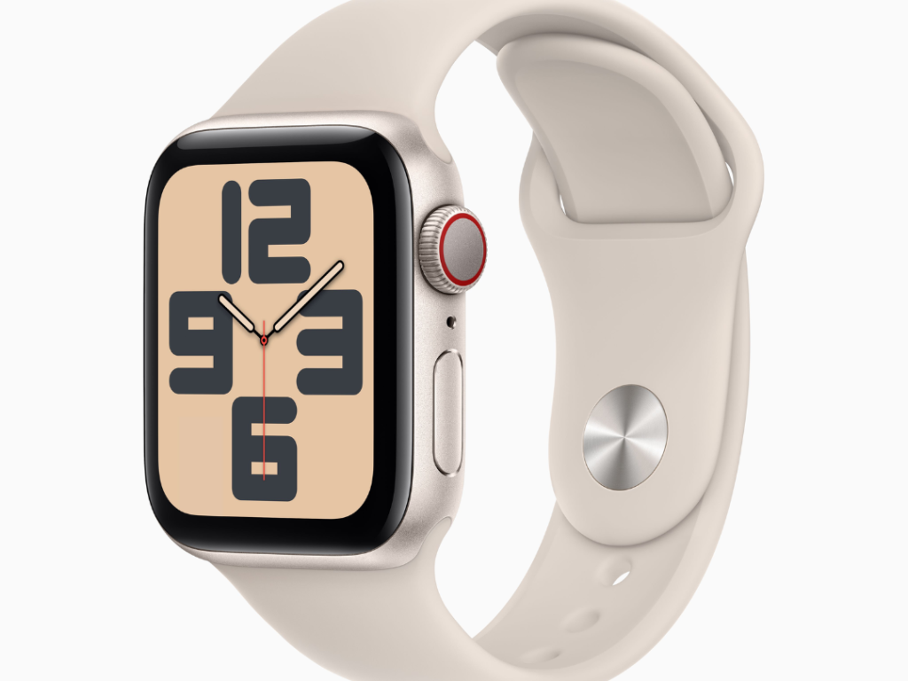 Apple Watch SE GPS + Cellular • Caixa estelar de alumínio – 40 mm • Pulseira esportiva estelar – M/G