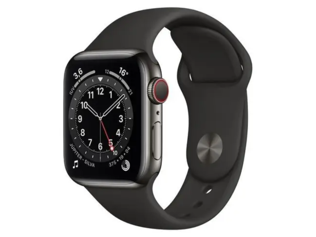 Apple Watch Series 6, GPS + Cellular, 44 mm, Aço Inox Grafite, Pulseira Esportiva Preta